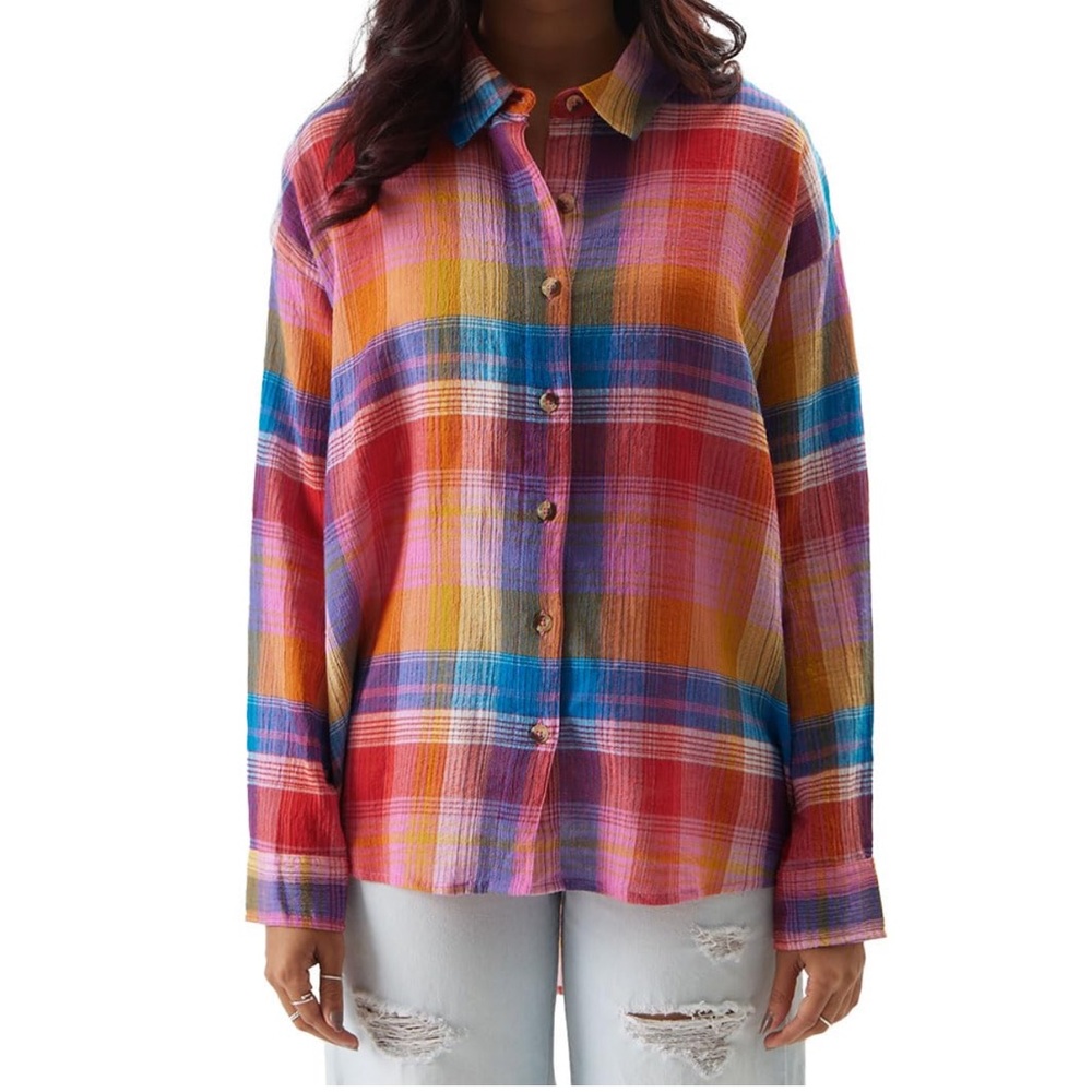 Soft Surroundings Sansonne Multi Plaid Button Down Shirt Size Large